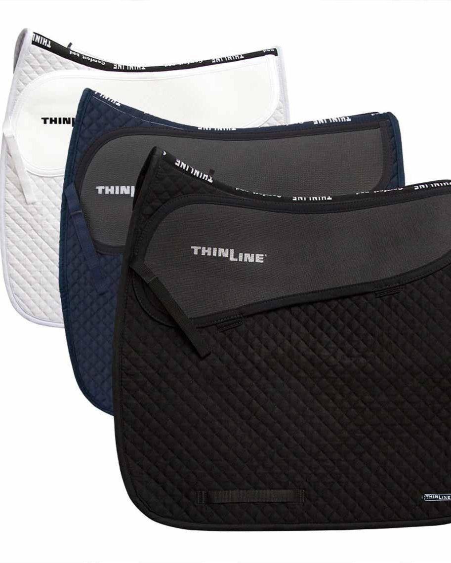ThinLine Saddle Pads: Dressage, Shock Absorbing, White, Navy, Black. Horse Riding Comfort & Performance Enhancement