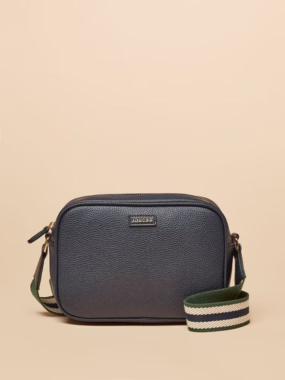 JOULES Trent Navy Blue Cross Body Bag | Leather Look Handbag with Adjustable Striped Strap | Fashionable Women's Accessory
