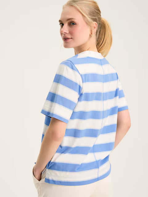 Joules Darcey Blue Stripe V-Neck T-Shirt - Equiflair Saddlery. Cotton short sleeve top for women.