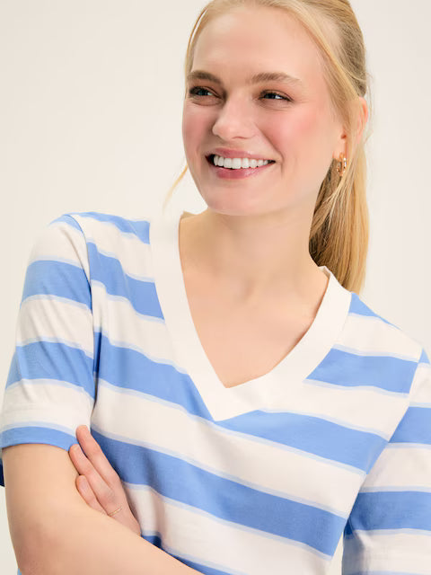 JOULES Darcey Blue Stripe V-Neck T-Shirt: Lightweight Cotton Top with Short Sleeves, Striped Design, Casual Womenswear Fashion