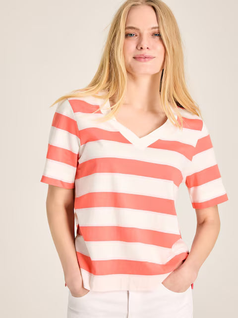Joules Darcey Pink Stripe V-Neck T-Shirt - Women's Cotton Tee with Short Sleeves & Stylish Design