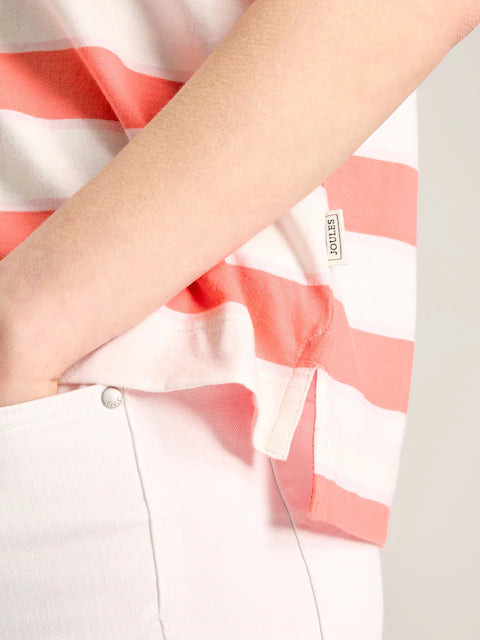 JOULES Darcey Pink & White Stripe V-Neck T-Shirt. Cotton Short Sleeve Top at Equiflair Saddlery