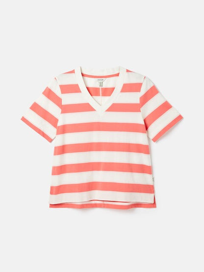 JOULES Darcey Pink Stripe V-Neck T-Shirt - Short Sleeve Cotton Top