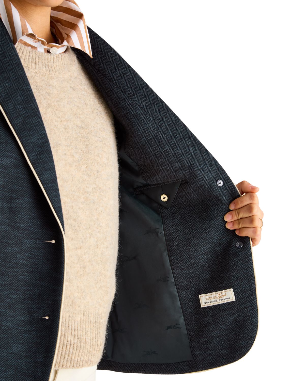 Joules Hartley Navy Herringbone Shawl Collar Blazer for Women | Equiflair