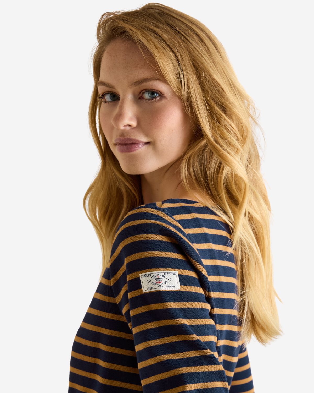 Joules Harbour Navy & Tan Boat Neck Long Sleeve Breton Stripe Top