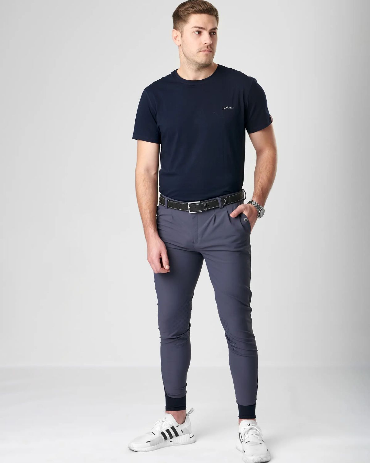 LEMIEUX Men's Elite Classic Pleated Breech - Flint. Stylish riding breeches for men. Comfortable and durable equestrian apparel.