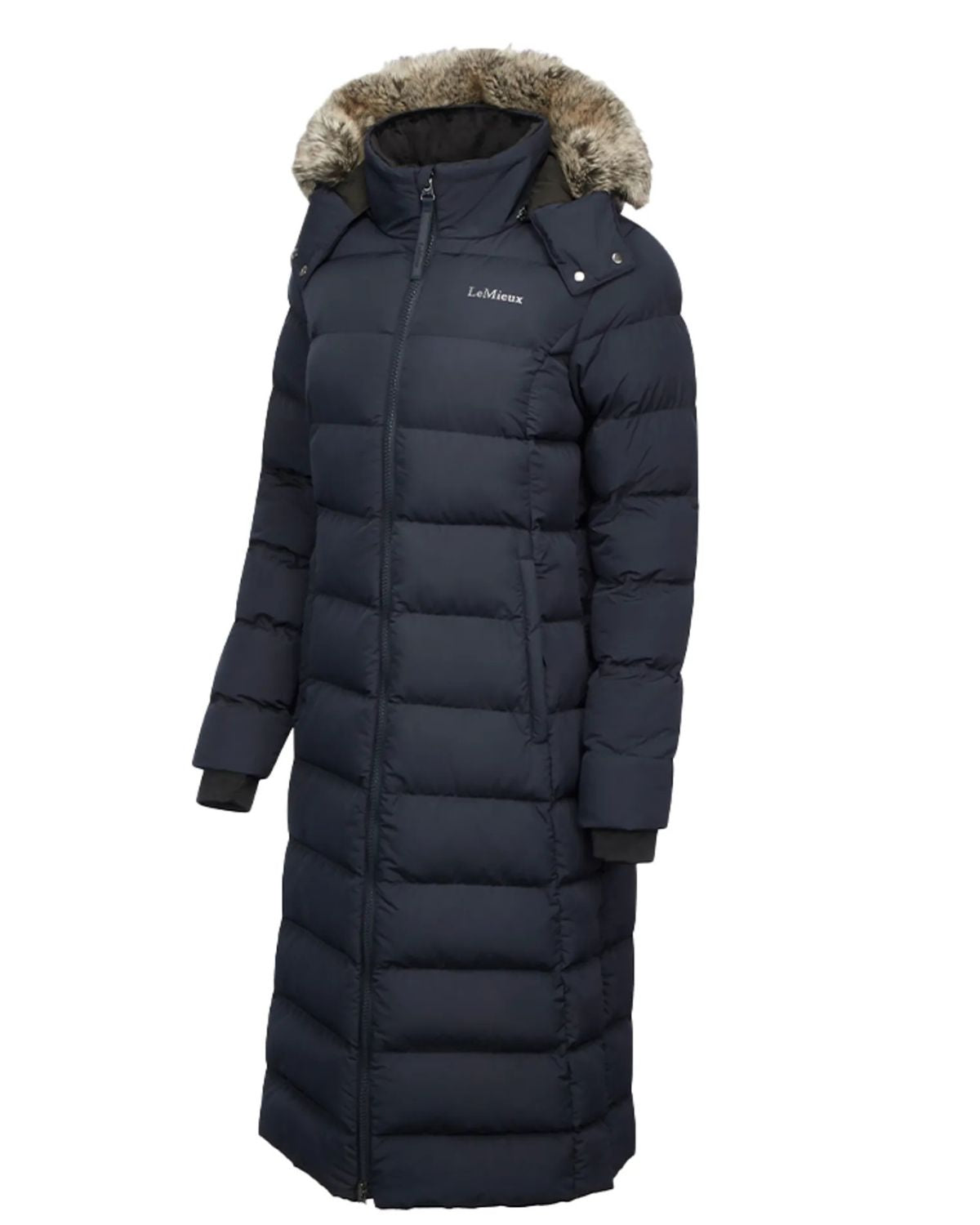 LeMieux Harper Longline Puffer Coat Navy: Ladies warm winter jacket with faux fur hood. Stylish & functional equestrian outerwear.
