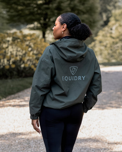 EQUIDRY Storm Smock Black Forest Green: Women's Waterproof Equestrian Outdoor Jacket Hoodie