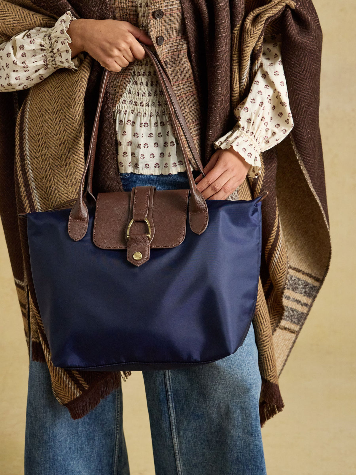Navy Joules Edie Zip Top Shopper Bag | Polyester Tote with PU Trims