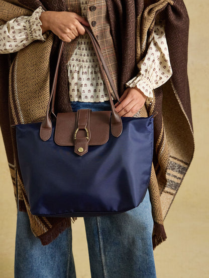 Navy Joules Edie Zip Top Shopper Bag | Polyester Tote with PU Trims