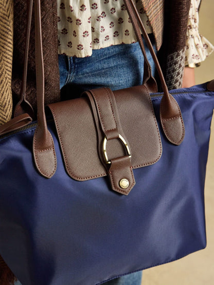 Joules Navy Edie Zip Top Shopper Bag with Brown Trim and Gold Buckle
