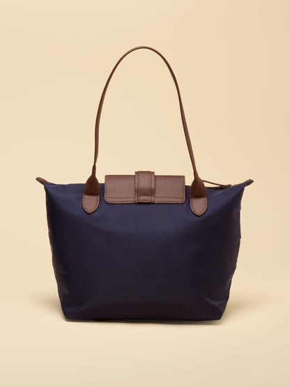 Women's Joules navy blue shopper bag, structured tote with zip top closure and metallic detail