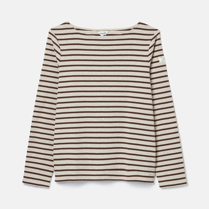 JOULES Harbour Striped Shirt - Neutral & Brown Boat Neck Long Sleeve Top for Women