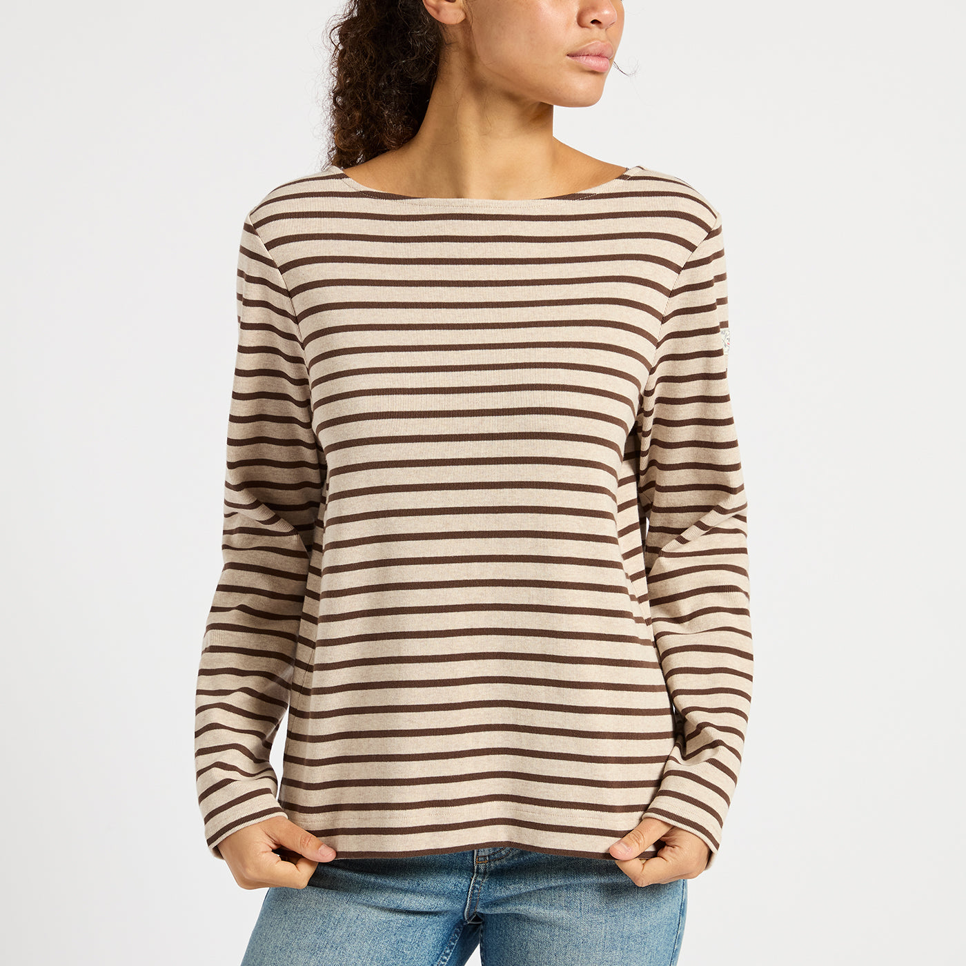 Joules Harbour Striped Top: Brown & Beige Boat Neck Long Sleeve Shirt for Women