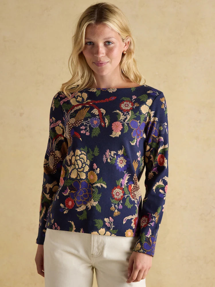 JOULES Printed Harbour Top - Navy Bird Print, Long Sleeve, Cotton, Relaxed Fit, Boat Neck