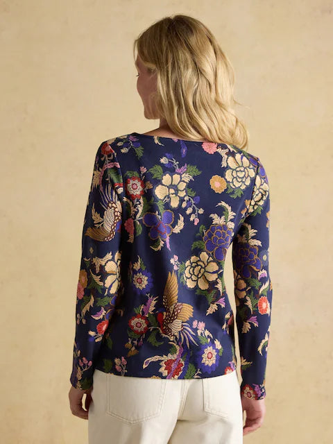 JOULES Printed Top - Navy Blue Bird Design, Long Sleeve Women's Shirt