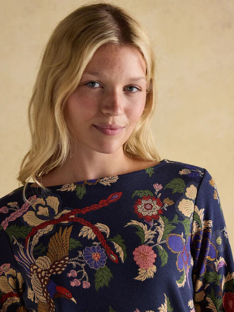 Joules Harbour Navy Bird Print Top - Relaxed Fit Boat Neck Long Sleeve