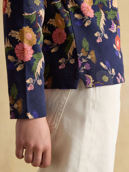 Joules Floral Print Top Navy Bird, Relaxed Fit. Women's Navy floral top with long sleeves.