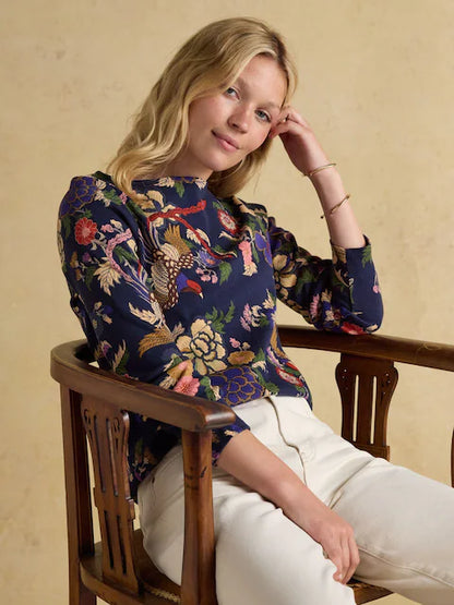 JOULES Floral Blouse: Woman in Navy Bird Print Top