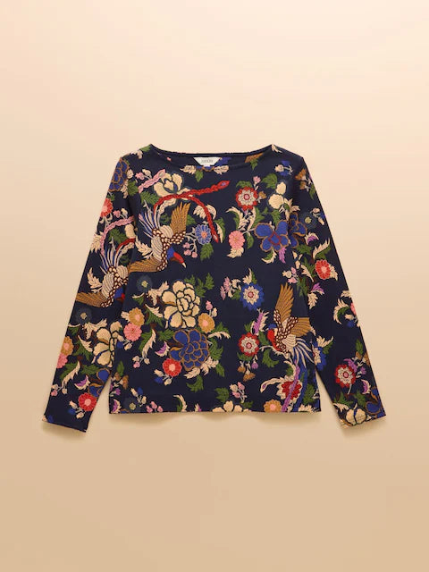 Joules Navy Bird Print Long Sleeve Top | Women's Floral & Bird Motif Shirt | Equiflair