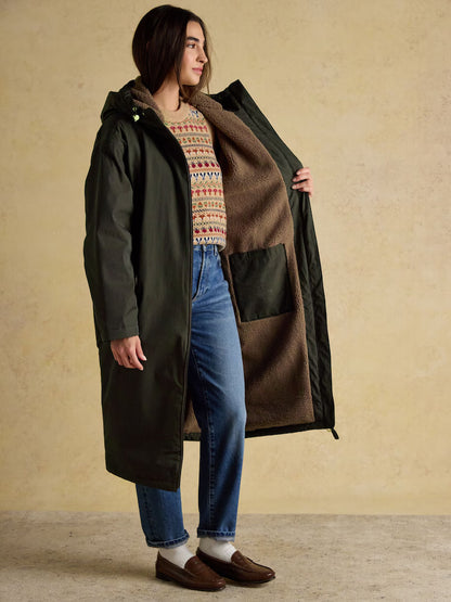 Joules Coverall Green Oversized Fleece Lined Waterproof Coat