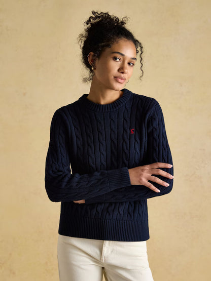 JOULES Navy Cable Knit Cotton Crew Neck Jumper - Classic Women's Sweater with Embroidered Hare Logo