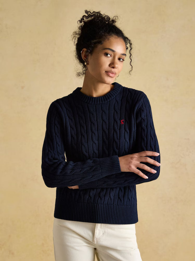 JOULES Navy Cable Knit Cotton Crew Neck Jumper - Classic Women's Sweater with Embroidered Hare Logo