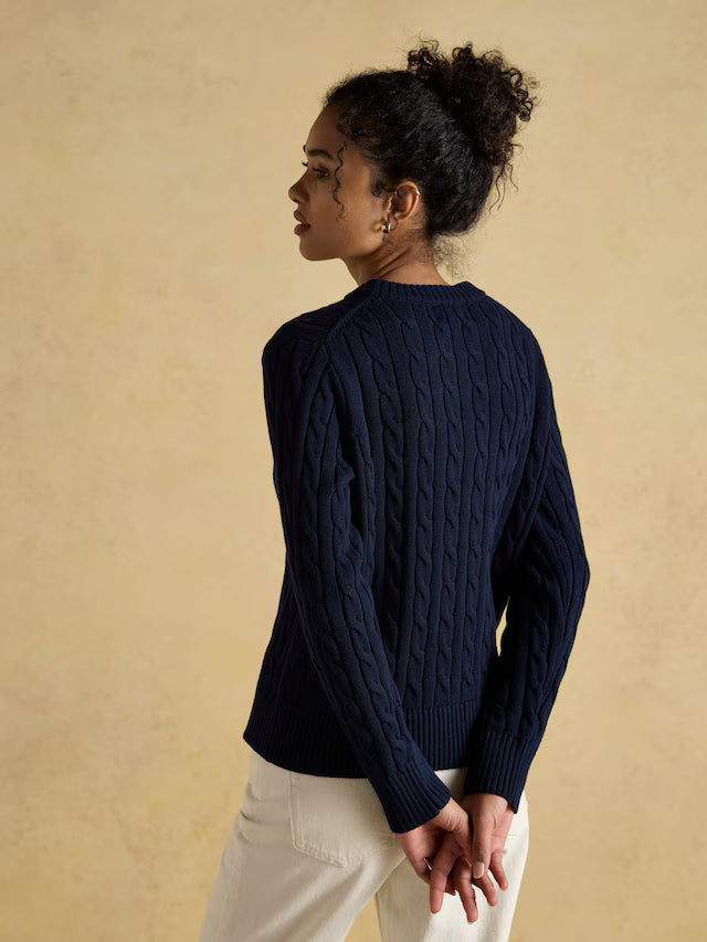 Joules Navy Cable Knit Jumper - Classic Cotton Crew Neck Sweater for Women