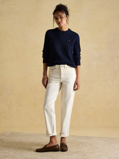 JOULES Classic Cable Navy Cotton Crew Neck Jumper - Women's Fashion, Ribbed Trims, Embroidered Hare