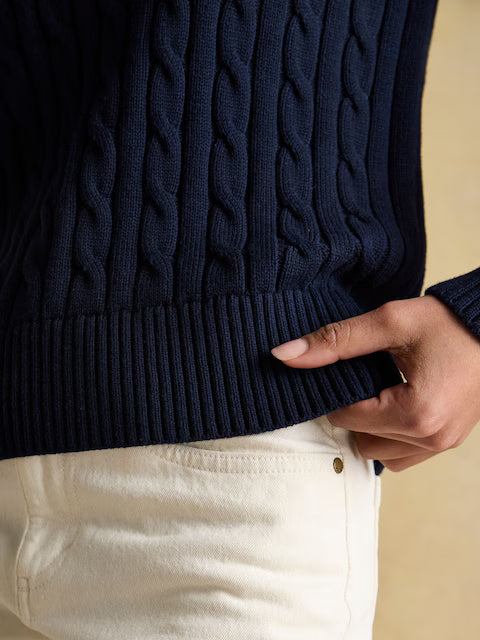 Joules Classic Navy Cable Knit Cotton Crew Neck Jumper - Ribbed Detail, Pocket Peek