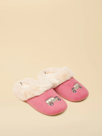 Joules Pink Embroidered Car Slippers: Luxe Cream Faux Fur Lined. Cozy comfort!
