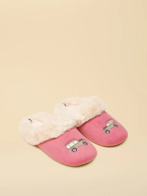Joules Pink Embroidered Car Slippers: Luxe Cream Faux Fur Lined. Cozy comfort!