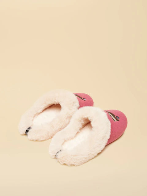 Joules Pink Cream Faux Fur Slippers with Embroidered Icon. Cozy indoor footwear, luxurious and stylish.
