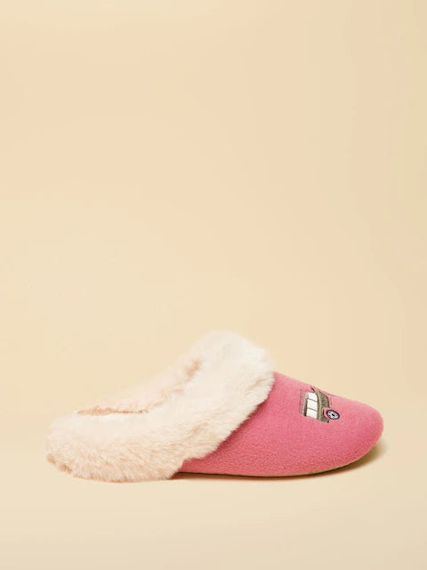 Joules Pink & Cream Slippers: Luxe comfort with faux fur lining and an embroidered icon.