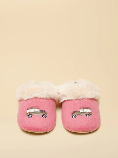 JOULES SLIPPET LUXE Pink Cream Slippers - Embroidered Car, Faux Fur Lining - Comfortable & Stylish Home Footwear.