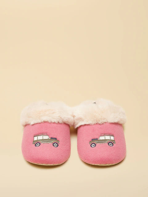 JOULES SLIPPET LUXE Pink Cream Slippers - Embroidered Car, Faux Fur Lining - Comfortable & Stylish Home Footwear.