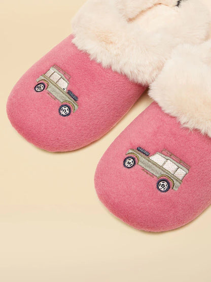 JOULES SLIPPET LUXE Pink Slippers with Cream Faux Fur & Embroidered Truck - Cozy Women's House Shoes