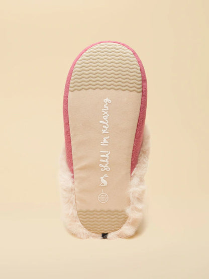Joules pink & cream "Shhh! I'm Relaxing" slippers with faux fur and textured sole. Relax in style!