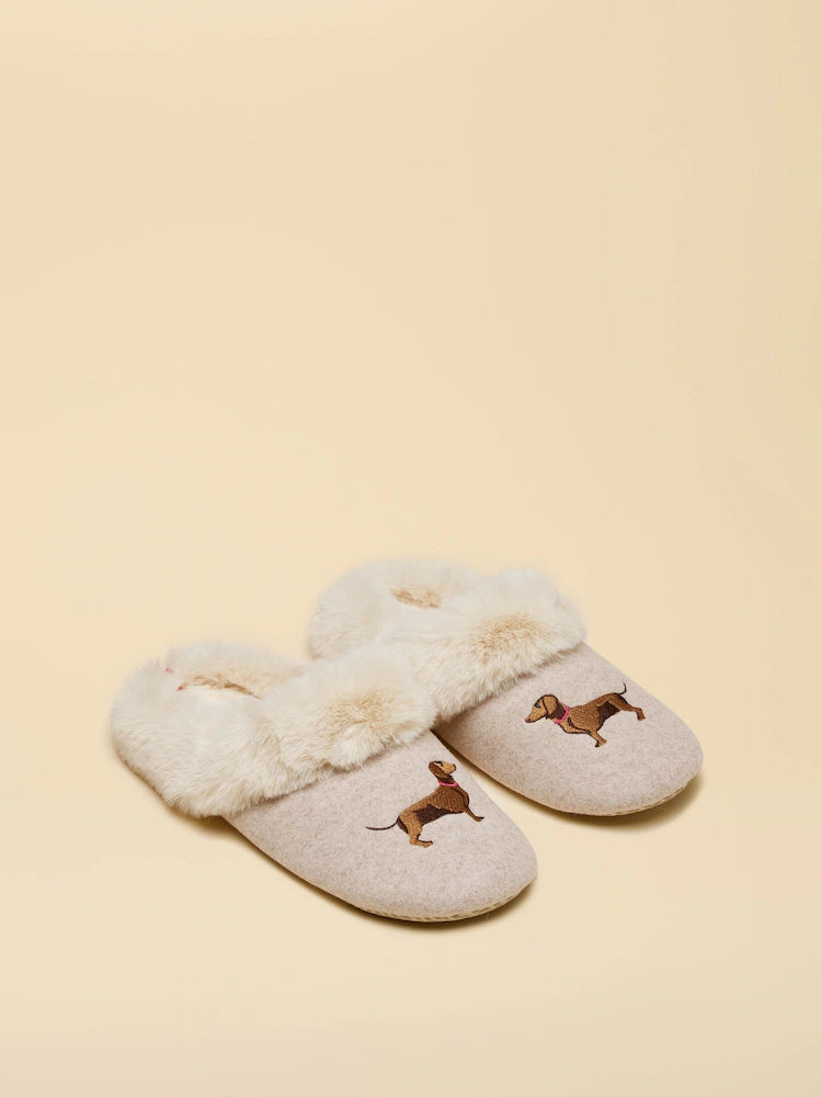 Joules Oatmeal Dachshund Slippers: Cozy faux fur lined dog slippers for women - Equiflair