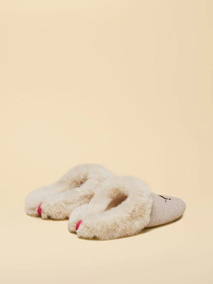 JOULES SLIPPET LUXE Oatmeal Slippers with Artwork - Cozy Faux Fur Lined Slippers