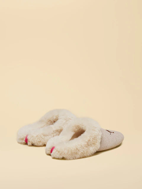 JOULES SLIPPET LUXE Oatmeal Slippers with Artwork - Cozy Faux Fur Lined Slippers