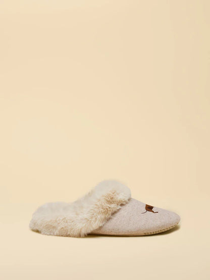 Joules Slippet Luxe Oatmeal Slippers - Faux Fur Lined, Embroidered Icon