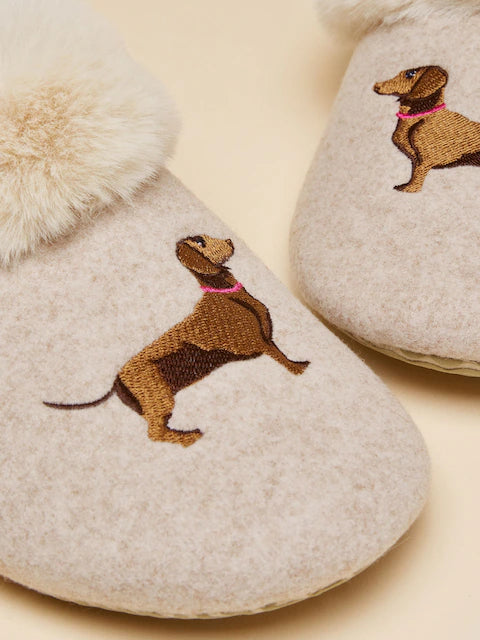 Joules Oatmeal Slippers with Dachshund Embroidery | Equiflair - Cozy Dog Slippers, Faux Fur Lined