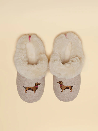 Joules Dachshund Slippers: Oatmeal Embroidered Dog, Faux Fur Lined Comfort