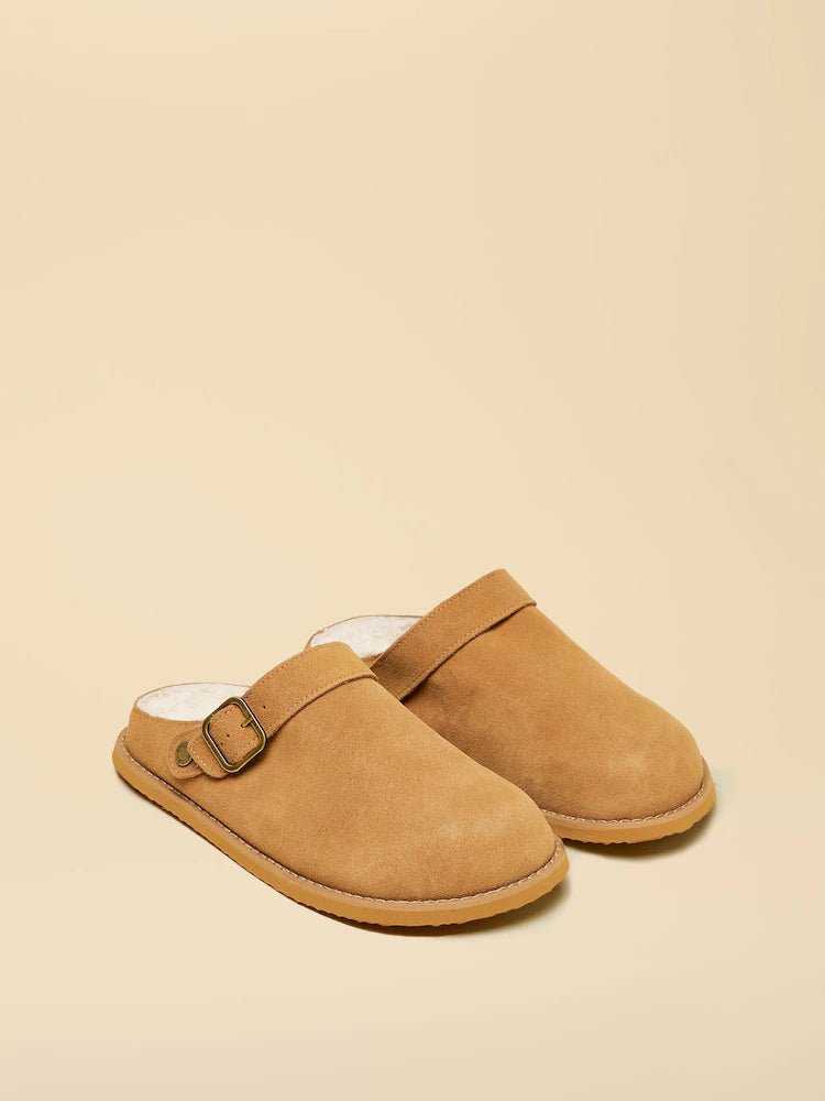 JOULES Hampden Chestnut Brown Suede House Shoes with Borg Lining & Buckle Detail | Cozy Slippers