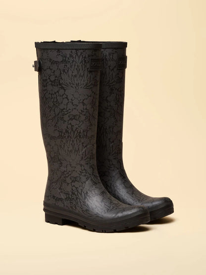 JOULES Black Printed Adjustable Tall Wellies - Waterproof Rubber Rain Boots for Women
