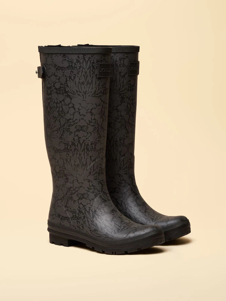 JOULES Black Printed Adjustable Tall Wellies - Waterproof Rubber Rain Boots for Women