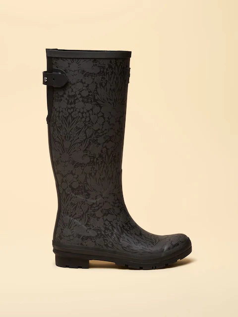 Joules Printed Black Adjustable Tall Wellies with Floral Pattern | Equiflair
