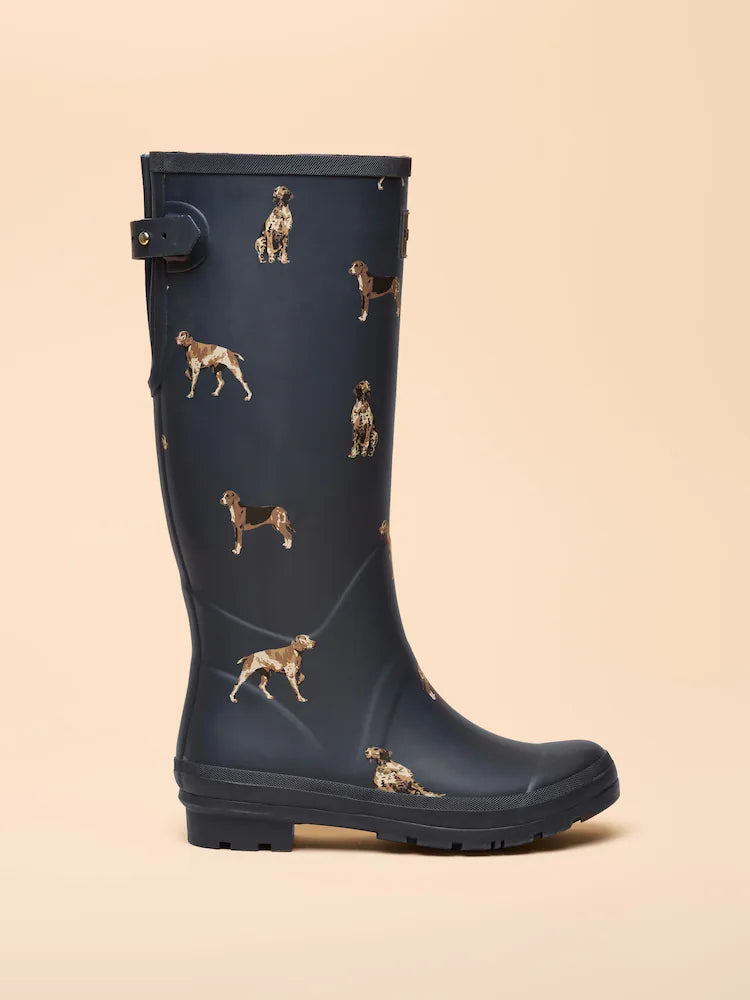 JOULES Navy Dog Print Wellies: Adjustable Waterproof Wellington Boots