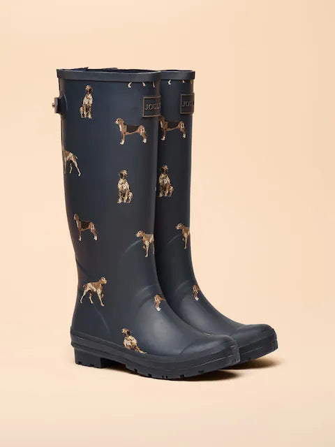 JOULES Navy Wellies with Dog Print - Women's Wellington Boots, Waterproof, Adjustable, and Stylish Rain Boots